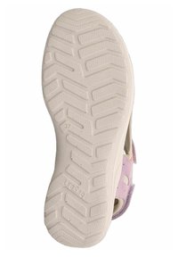 Helle lila Sandalensohle mit strukturiertem weißen Gummi und schrägen Profilmustern. Verfügt über einen verstellbaren Riemen aus einem weichen, langlebigen Obermaterial.