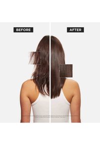 Antes: cabello castaño ondulado y encrespado; Después: cabello castaño liso y suave. Ambas secciones muestran estilos a la altura de los hombros sobre un fondo neutro.