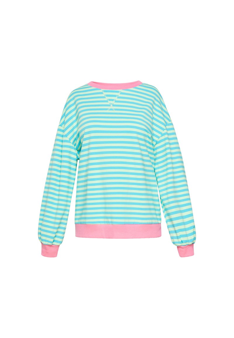 Felpa a righe in azzurro chiaro e verde menta con dettagli rosa. Presenta maniche lunghe e scollatura rotonda. Tessuto morbido.