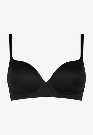 Sort polstret bh med underwire og justerbare stropper, glat tekstur og sømløst design. Har en klassisk silhuet for støtte og komfort.