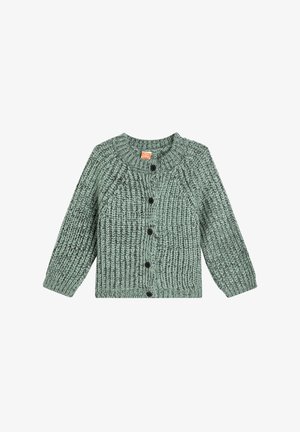 Cardigan tricoté vert pour bébé avec des boutons noirs et des manches longues sur fond blanc.