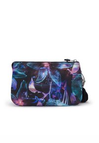 Pochette con cerniera con base nera e motivo floreale in viola, blu e verde acqua. Presenta una superficie testurizzata e un attacco decorativo a pompon.