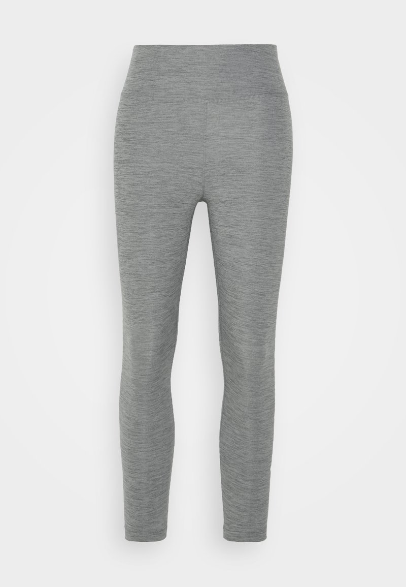 Leggings gris doux, taille haute, coupe slim, avec une conception sans coutures, présentés sur un fond blanc uni.