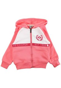 Sweat à capuche rose zippé avec panneau blanc, poignets et ourlet côtelés. Présente le texte "LEE COOPER EST 1908" et un logo sur la poitrine. Tissu en coton.