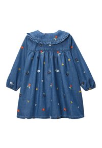 Robe en denim à manches longues, col à volants et broderies florales dans diverses couleurs. Texture douce et forme ample et évasée.