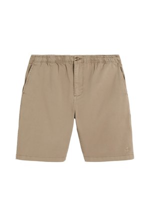 Pantalones cortos beige para hombre con cintura elástica, cierre de botón, bolsillos laterales y pequeño logo de calavera en la pierna izquierda.