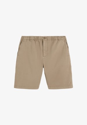 Pantalones cortos beige para hombre con cintura elástica, cierre de botón, bolsillos laterales y pequeño logo de calavera en la pierna izquierda.