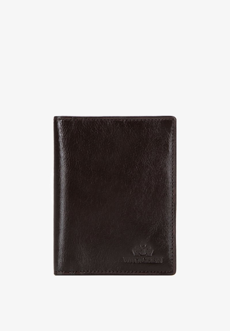 Donkere bruine leren portemonnee met een gladde textuur, bi-fold ontwerp en een geperst logo aan de voorkant. Voorzien van stikdetails langs de randen.
