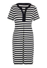 Striped dress with short sleeves, featuring black and white horizontal stripes, a V-neckline, two side pockets, and a relaxed fit.