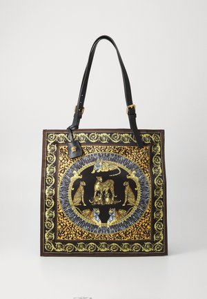 Bolso tote grande cuadrado con asas negras, decorado con ilustraciones de leopardos y tigres en un marco ornamentado dorado y marrón.