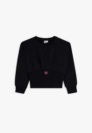 Felpa nera corta con maniche lunghe, collo rotondo e una patch logo rosa al centro in basso. Tessuto liscio e design aderente.