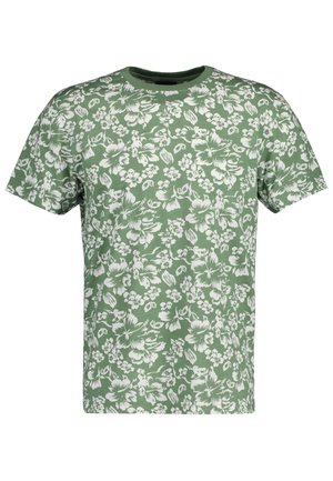 Green short-sleeve T-shirt with white floral pattern all over and a round neckline.