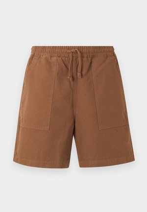 Bruine katoenen shorts met elastische tailleband en verstelbare koord aan de voorkant, voorzien van twee grote voorzakken en rechte zoom.