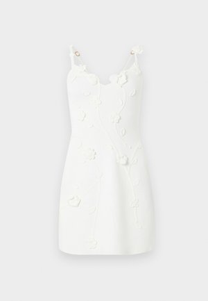 Λευκό αμάνικο φόρεμα με λεπτές τιράντες, με 3D floral εφαρμογές και εφαρμοστό κορσέ με ελαφρύ V-λαιμόκοψη.