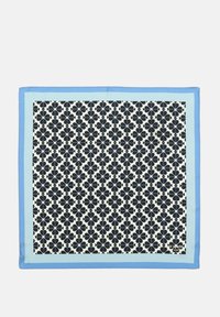 Silk square scarf with a navy floral pattern on a cream background, bordered by light blue edges, and features a small logo in the corner.