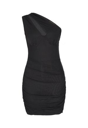 Czarna mini sukienka na jedno ramię z marszczonym materiałem, dopasowaną górą i subtelnym dekoltem w kształcie serca.