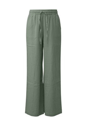 Pantaloni larghi verde chiaro con trama, vita elastica e coulisse annodata, gambe larghe e tasche laterali.