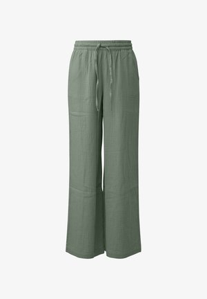Pantalon ample vert clair texturé avec taille élastique et cordon noué, jambes larges et poches latérales.