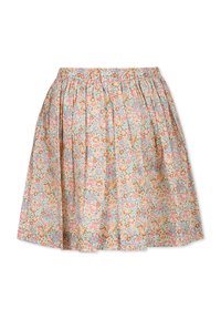 Bloemrokken met een bloemenprint in pastelkleuren op een lichte achtergrond, met een elastische tailleband en een geplooid ontwerp, gemaakt van lichtgewicht stof.
