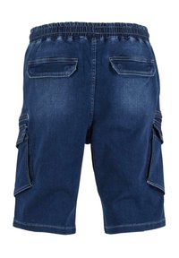 Denim cargo shorts i mørkeblå med elastisk taljebånd, to baglommer og sidelommer. Glat tekstur, knælængde design.