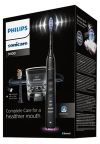 Spazzolino elettrico Philips Sonicare 9400, nero, con tecnologia sonica avanzata, testina A3, bicchiere di ricarica, abilitato Bluetooth, design elegante.