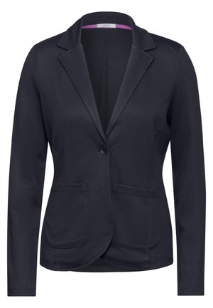 Marineblazer van geweven stof, met een notchlapel, enkele knoopsluiting, twee voorkruimelpockets en een paarse accent aan de binnenkant van de kraag.