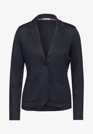 Granatowa marynarka z teksturowanej tkaniny, z wyłamanym kołnierzem, z pojedynczym zapięciem na guzik, dwoma przednimi kieszeniami oraz fioletowym akcentem wewnątrz kołnierza.