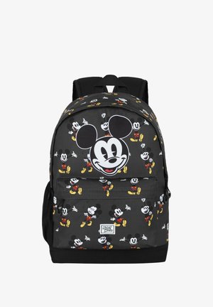 Zwarte nylon rugzak met een herhaald Mickey Mouse-print. Voorvak met rits, verstelbare straps en verstevigde bodem voor duurzaamheid.