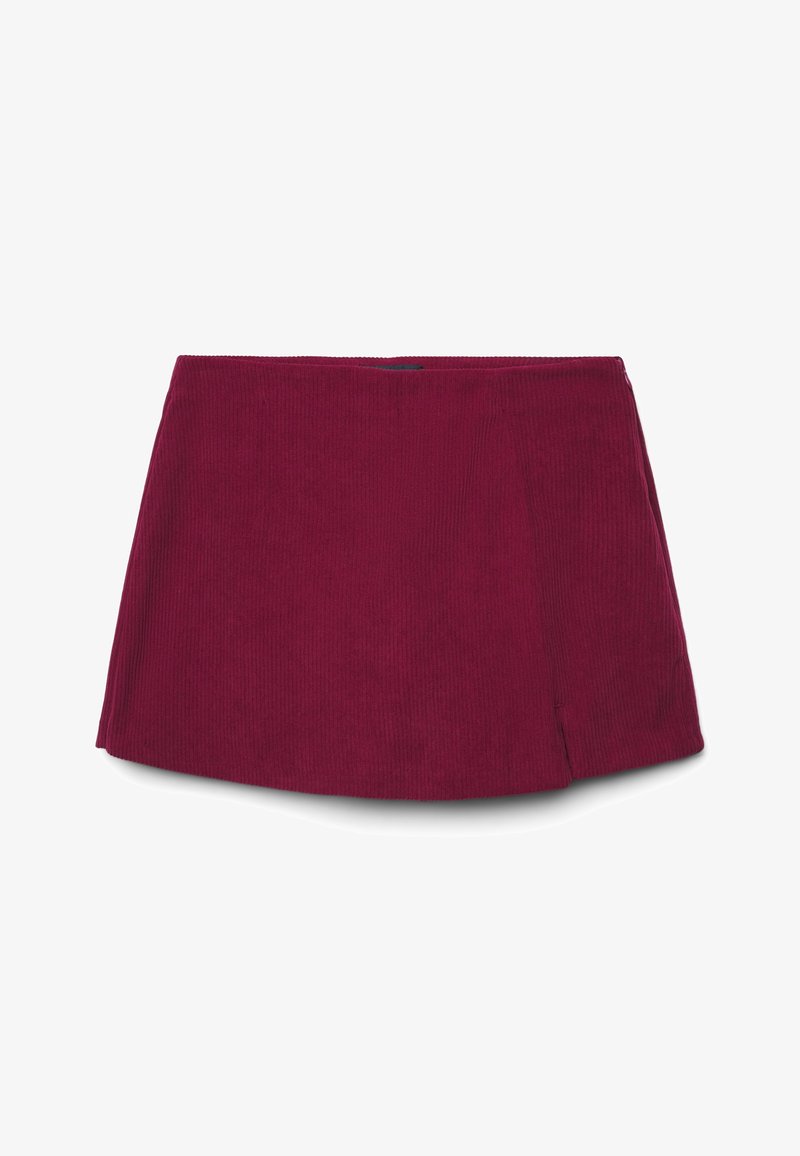Mini gonna in corduroy bordeaux con una leggera apertura frontale e una vita dritta, esposta su uno sfondo bianco.