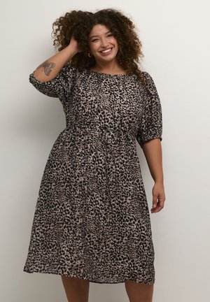 Leopardmuster-midi-kleid aus leichtem Material, mit Puffärmeln, einer taillierten Taille mit Kordelzug und einer fließenden Silhouette.