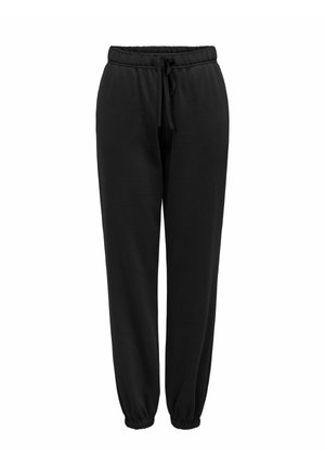 Čierne tepláky vyrobené z mäkkého materiálu, s elastickým pásom a nastaviteľnou šnúrkou, a elastickými manžetami na členkoch.