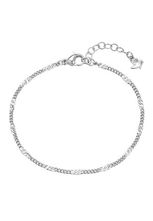 Pulsera de cadena fina de tono plateado con cierre de langosta y cadena de extensión ajustable que termina en un pequeño colgante en forma de corazón.