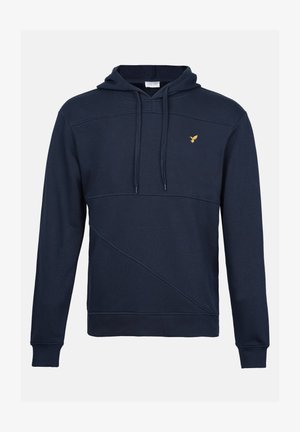 Marineblå hættebluse lavet af blød stof, med et diagonalt paneldesign, front kangaroo-lomme og et guld accentlogo på brystet.