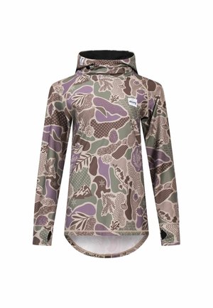 Langarm-Hoodie in einem farbenfrohen abstrakten Design mit Grüntönen, Brauntönen und Violetttönen, mit einem Schalkragen und abgerundetem Saum.