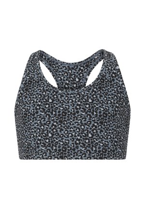 Brassière de sport imprimé léopard en bleu et noir, avec un design dos nageur, des détails découpés et un tissu doux et extensible.