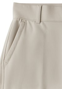 Beige maßgeschneiderte Hosen mit einer glatten, weichen Textur, flachem Vorderteil, Seitentaschen und einem subtilen Glanz.