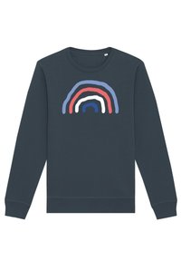 Sweatshirt à col rond gris foncé avec des manches longues, présentant un arc-en-ciel dessiné à la main en bleu, rouge, blanc et marine centré sur la poitrine.