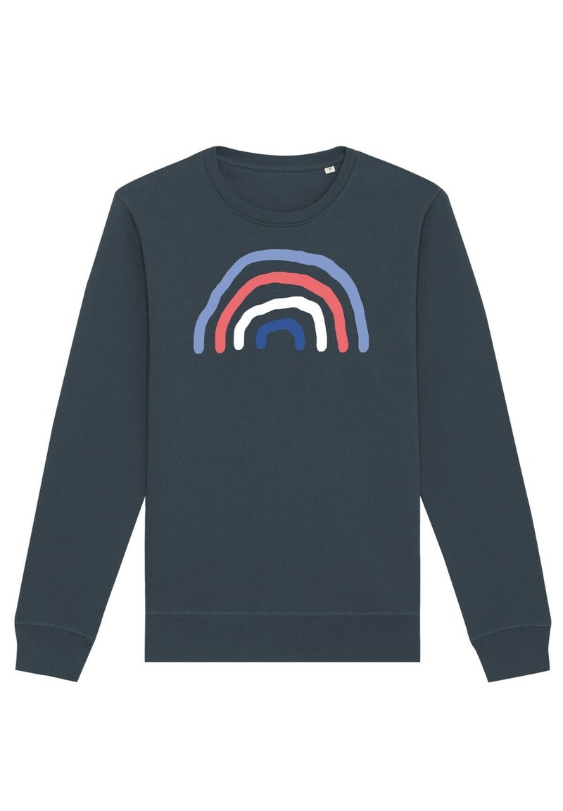 Sweatshirt à col rond gris foncé avec des manches longues, présentant un arc-en-ciel dessiné à la main en bleu, rouge, blanc et marine centré sur la poitrine.