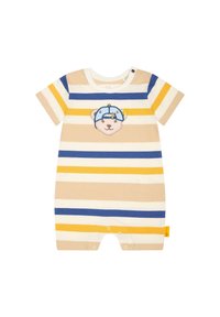 Gestreifter Baumwoll-Overall in Beige, Blau und Gelb mit einer Bärenface-Stickerei und einer Kapuzendesign. Verfügt über Druckknopfverschlüsse am Boden.