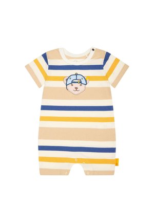Gestreepte katoenen romper in beige, blauw en geel met een borduursel van een berengezicht en een ontwerp met een pet. Heeft drukknoopsluitingen aan de onderkant.