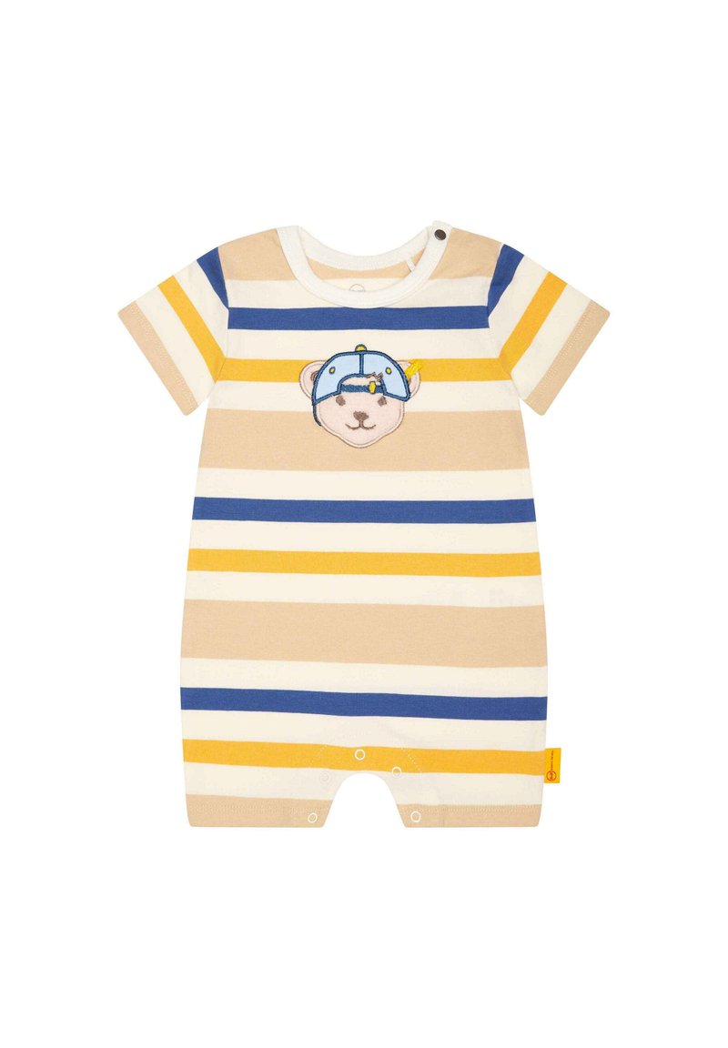 Gestreifter Baumwoll-Overall in Beige, Blau und Gelb mit einer Bärenface-Stickerei und einer Kapuzendesign. Verfügt über Druckknopfverschlüsse am Boden.