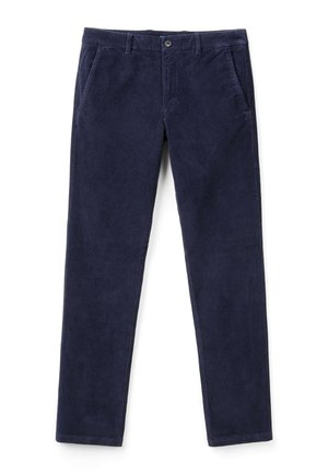 Marineblauwe corduroy broeken met een rechtlijnig ontwerp, voorzien van twee voorzakken, een enkele knoopsluiting en een soepele textuur.