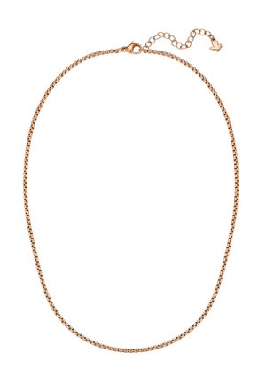 Collier fin en chaîne en or rose avec fermoir homard et chaîne d’extension réglable fermée par un petit pendentif en forme de flèche.