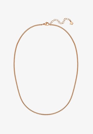 Collier fin en chaîne en or rose avec fermoir homard et chaîne d’extension réglable fermée par un petit pendentif en forme de flèche.