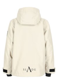 Light beige waterproof jacket with a hood, featuring a logo on the back and black velcro accents at the cuffs. Smooth texture.