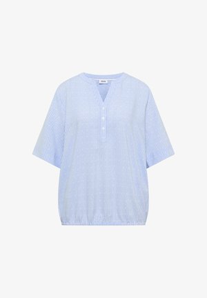 Lichtblauwe en witte blouse met verticale strepen, korte mouwen, een ronde hals met een V-split, drie knopen aan de voorkant en een elastische zoom.