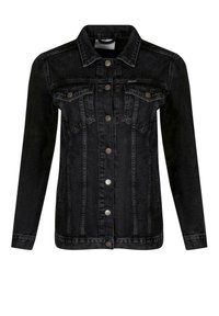 Czarna kurtka dżinsowa z zapięciem na guziki, dwiema kieszeniami na piersi z klapami oraz długimi rękawami. Projekt ma wyraźne szwy, co nadaje mu strukturalny wygląd.