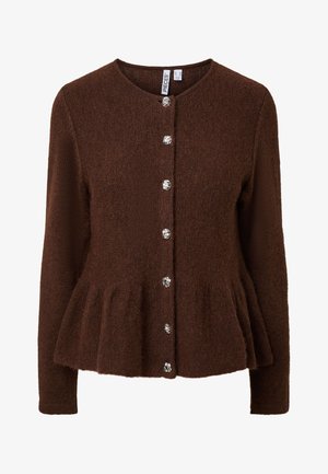 Brown long-sleeve knit cardigan with peplum waist and silver textured round buttons down the front.