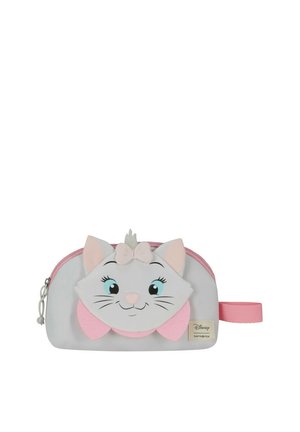 Roze en grijze gevoerde pennentas in de vorm van een cartoon kat met een strik, met geborduurde gezichtsdetails en een ritsvak.