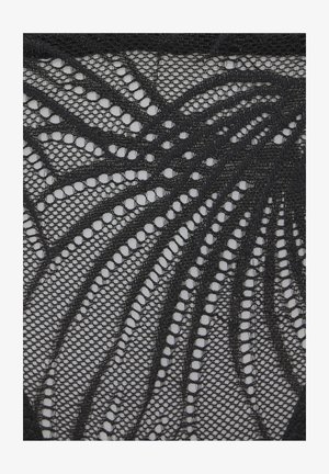 Black lace fabric with a detailed floral and geometric pattern featuring varied mesh sizes and intricate openwork design.